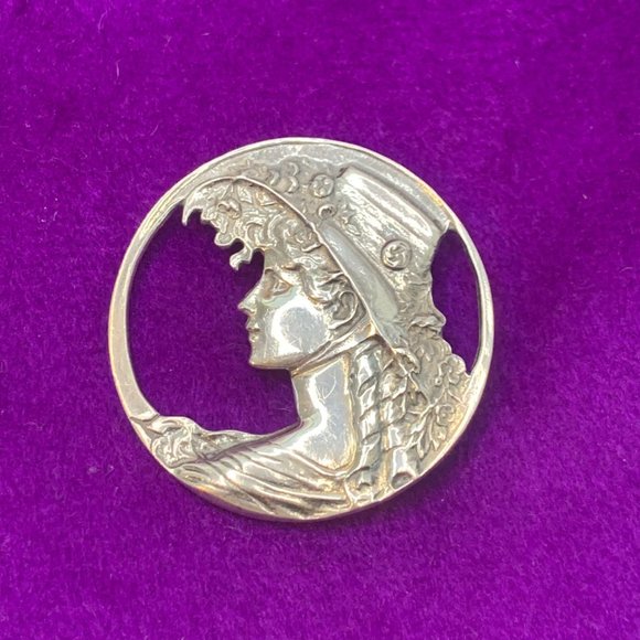 Jewelry Vintage Sterling Silver 925 Profile Lady Circle Pin Pendant 2